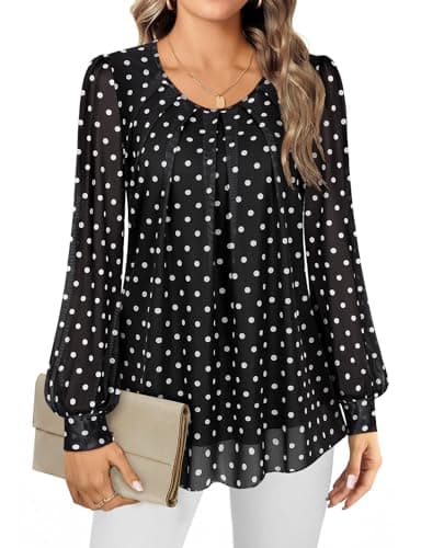 Image of Gemulate Long Sleeve Tops for Women Crew Neck Loose Fit Ladies Tops Party Top for Women Chiffon Double Layer Ladies Floral Top Shirt - Black Dot, M