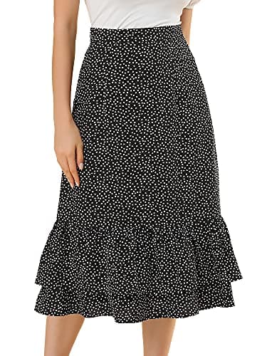 Image of Allegra K Women's Printed Skirt Chiffon Elastic Waist Ruffle Tiered Flowy Midi Skirt Black-Heart 12