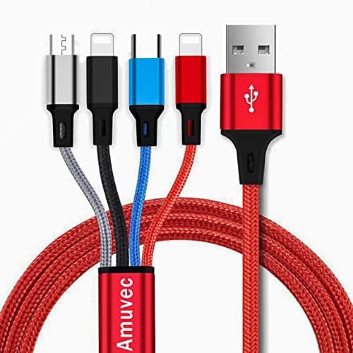 Image of Amuvec Multi Charger Cable, 4 in 1 3A USB Fast Charging Cord Nylon Braided with 2iP Type C Micro USB Connector, for Phone, Samsung Galaxy S22 S20 S10 S9 Plus, Huawei, Sony, Moto, Xiaomi, LG, PS5-1.2M