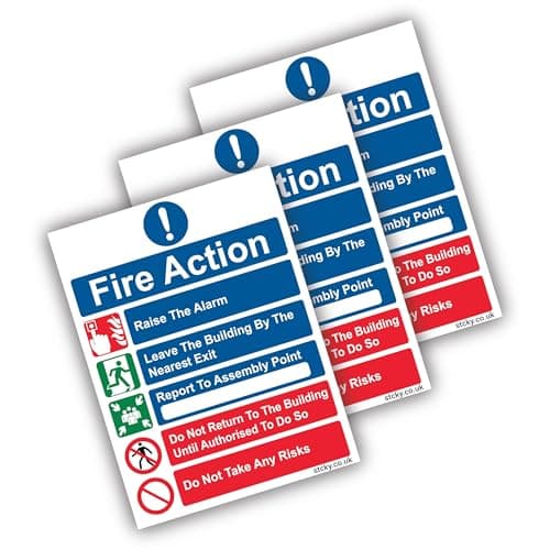 Image of Stcky Fire Action Notice Sign (Pack of 3) - 20 x 15 cm Premium Vinyl Sticker Fire Signs | Fire Signage- Durable, Self Adhesive, UV resistant & Waterproof Health and Safety signs