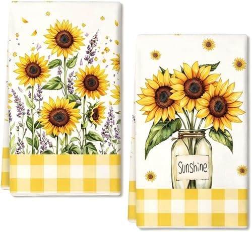 Image of 2pcs Sunflower Tea Towels for Kitchen, Spring Summer Decorations Dish Towels Buffalo Plaid Kitchen Towel Absorbent Quick Dry Cloth Reusable Hand Towel Spring Summer Party Accessories (40x60cm)