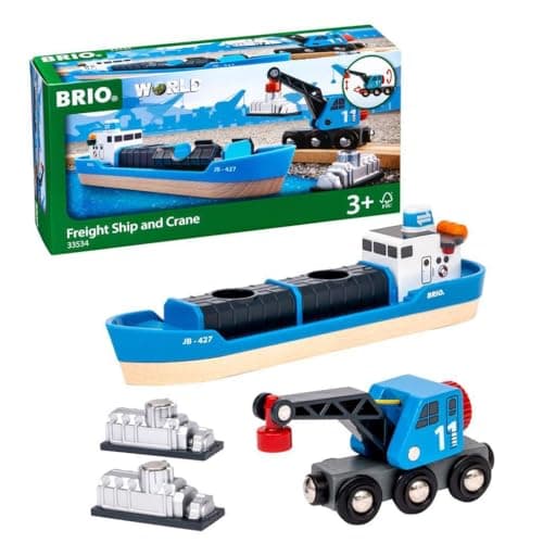Image of BRIO World Harbour Freight Ship Boat and Crane for Kids Age 3 Years Up - Wooden Railway Accessories & Add Ons