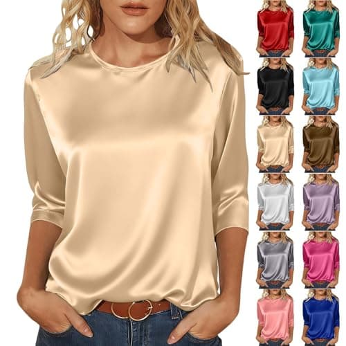 Image of Satin Tops for Women Elegant Going out Tops Crew Neck 3/4 Sleeve Silk Blouse Ladies Tshirts Shiny Baggy Fashion Tunic Top Casaul Loose Party Business Blouse for Ladies Work Office Evening Tops