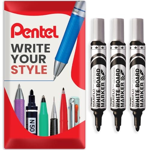 Image of Pentel Maxiflo Whiteboard Marker Pen - Medium Bullet Tip - Black Ink - MWL5M - Pack of 3 Pens in Envelope Gift Packaging