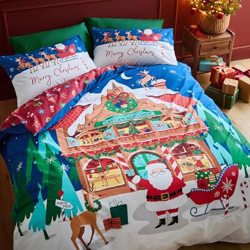 Image of Catherine Lansfield Christmas Santa's Workshop Reversible Double Duvet Cover Set with Pillowcases Navy Blue