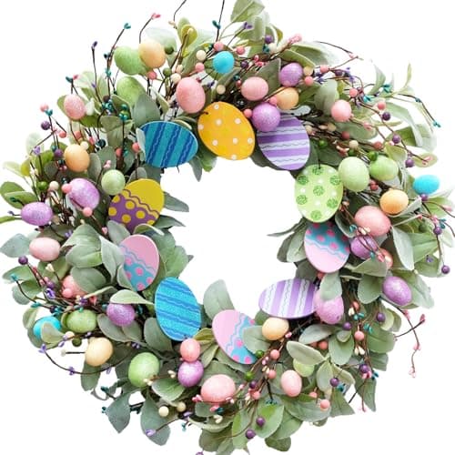 Image of CIR OASES 20-inch Summer Easter Egg wreath Summer artificial rabbit ear leaf Egg Colorful wreath Front door porch Farmhouse Patio Decoration Easter Holiday celebration party decoration