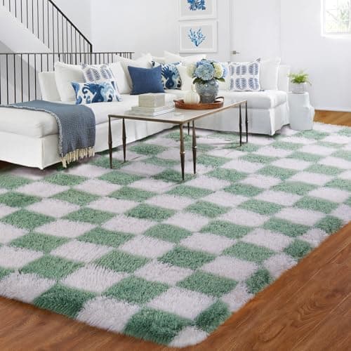 Image of Checkered Rug for Living Room, 90x150cm Green and White Check Rug for Kids Bedroom, Washable Non Slip Runner Rugs, Shag Pile Soft Fluffy Thick Rugs, Checkerboard Carpet for Hallways, Kitchen, Lounge