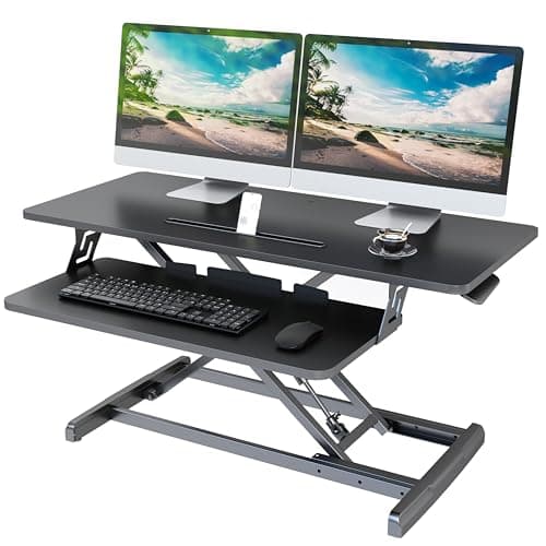 Image of Lubvlook Standing Desk Converter, 36"/91.5cm Wide Height Adjustable Sit Stand Desk Riser for Dual Monitors with Keyboard Tray, Black