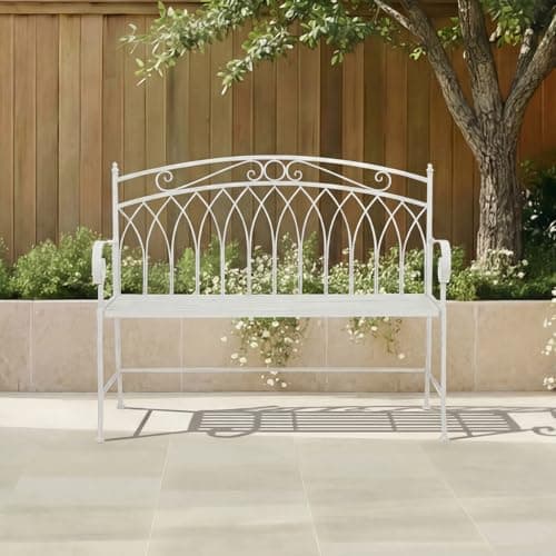 Image of CHARLES BENTLEY Garden Bench, Antique White, Rustic Metal, Decorative, Curved Armrests, Lightweight, Weather Resistant, Outdoor, Patio, Balcony, Decorative Seating, Easy to Move, Rustic (104.5x89cm)