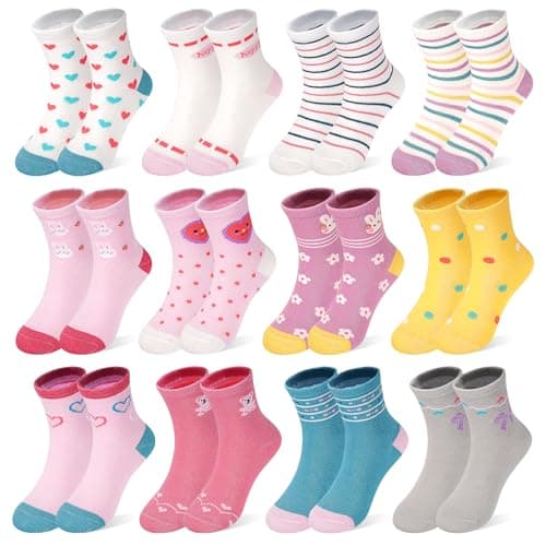 Image of ZERULETS Girls Cotton Socks Kids 12 Pairs Toddler Cartoon Cute Funny Breathable Crew Sports Socks for 5-7 Years（Bear