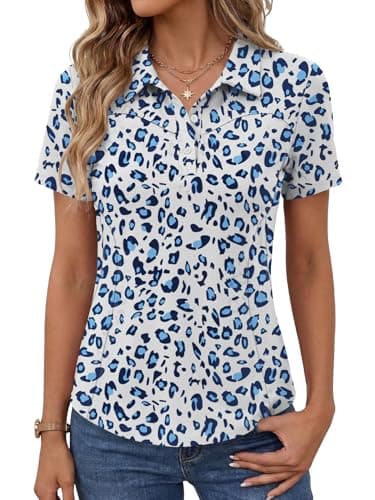 Image of IECCP Women's Golf Polo Shirts Short Sleeve Cotton Collared Lightweight Moisture Wicking T-Shirt Summer Workout Casual Tennis Tops with 3-Button 2026 (Light Blue Leopard,L)