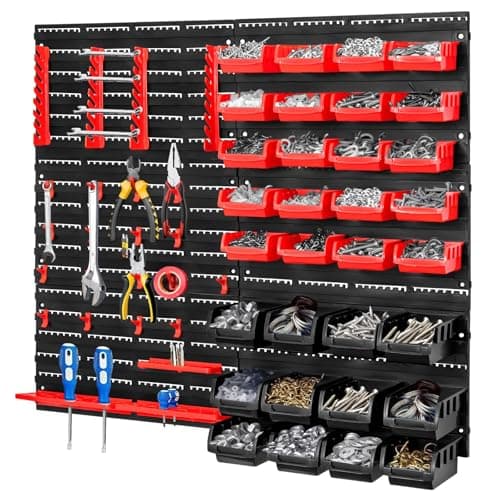 Image of CROWNSHOP 32 PCS Wall Mounted Storage Bins Kit 64 * 41cm Garage Boxes Plastic Rack Parts Organiser Utility Kit With Stackable Boxes for Garage Workshop (Red+Black 70PCS)