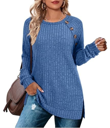 Image of Aokosor Long Sleeve Tops Women Lightweight Jumpers Ladies Button Side Splits Tunic Dark Blue Size 22-24