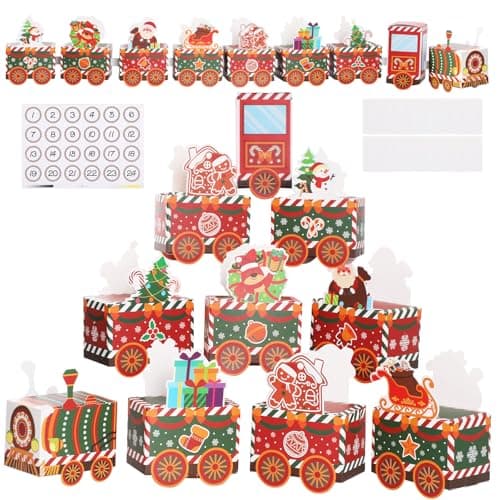 Image of 24pcs DIY Christmas Advent Calendar Gift Boxes,GeeRic 24 Days Empty Gift Box for Xmas+Number Sticker Creative Mini Train Xmas Surprise Boxes for Christmas Decor Party Cookie Snack Packaging