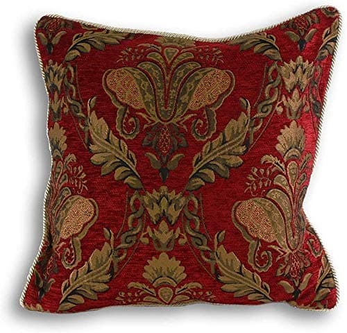 Image of Shiraz Square Cushion Cover - Burgundy Red - Embroidered Damask Jacquard - Gold Piped Edges - Reversible - Zip Closure - 100% Polyester - 45 x 45cm (18" x 18" inches) - Made by Riva Paoletti
