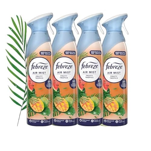 Image of Febreze Air Freshener Spray FRUITY TROPICS 185ml x 4 | Odour Eliminator with OdourClear Technology | Non-Flammable, Long-Lasting Room Freshener, Exotic Fruity Fragrance