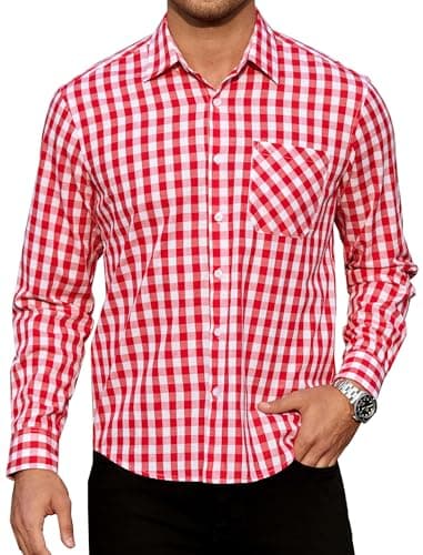 Image of Enlision Checked Shirt Mens Long Sleeve Plaid Work Shirts for Men Smart Casual Button Down Tartan Lumberjack Top with Pocket Regular Fit, Red and White, M
