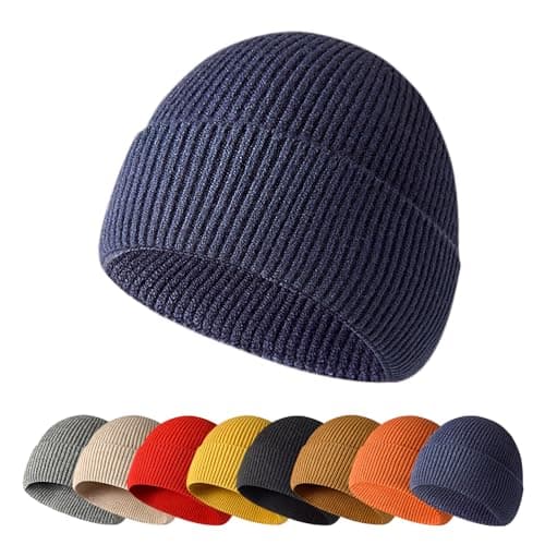 Image of Enwokran Winter Beanie Hat,Unisex Stretchy Soft Cuffed Skullcap,Daily Thermal Striped Comhats Roll up Edge Outdoor Ski (Navy)