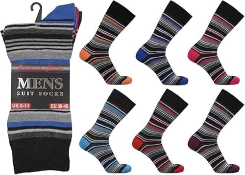 Image of ArkXani® Men’s Cotton Rich Dress Suit Socks Soft & Breathable Everyday Business Socks with Reinforced Heel & Toe, UK Size 6–11 (Stripe, 3Pairs)