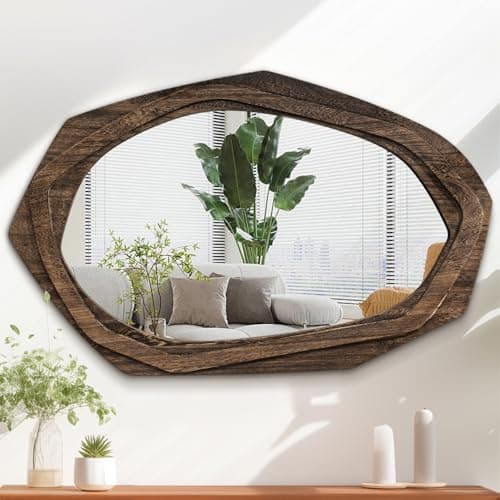 Image of AAZZKANG Asymmetrical Wall Mounted Mirror Large with Retro Wood Framed Irregular Hanging Mirrors for Bathroom Bedroom Living Room Entryway 70L x 45W cm