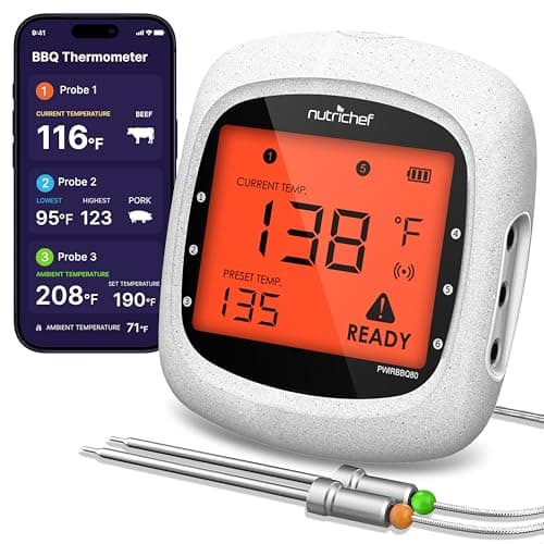 Image of NutriChef Bluetooth Meat Thermometer for Grilling and Smoking - Wifi Grill Thermometer for Outside BBQ and Smoker Oven - 6 Temperature Probes and Smart APP and 400 Ft Range