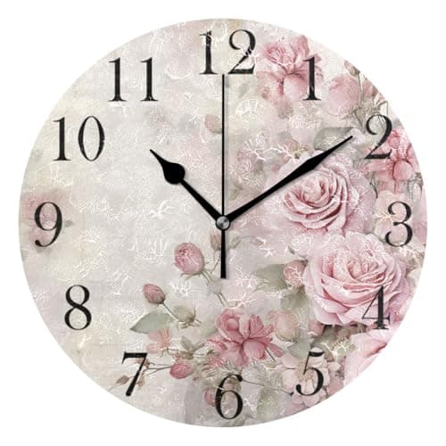 Image of Mnsruu Wall Clock Pink Rose Flower Silent Non-Ticking Round Wall Clocks 25cm Battery Operated Clocks for Living Room Kitchen