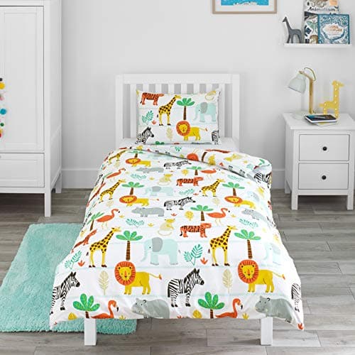 Image of Bloomsbury Mill - Cot Bed Duvet Cover Set - Toddler Bedding Set For Boys and Girls - Safari Adventure - Jungle Animals Kids Bedding - Cot Duvet Cover & Pillow Case Set - 120x150cm