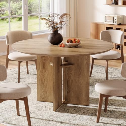 Image of Tribesigns 100cm Round Dining Table with Storage Shelf, Circular Farmhouse Kitchen Table for 2-4 People, Stable X-Shape Pedestal Dinner Table for Lounge & Dining Room, Rustic Brown