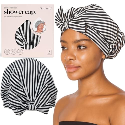 Image of Kitsch Luxury Shower Caps for Women Reusable Waterproof - Large Shower Cap for Women, Non-slip, Quick-dry Hair Cap for Long and Short Hair, Comfortable and Stylish Design - Stripe