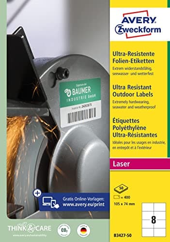 Image of AVERY Zweckform B3427-50 Heavy Duty Film Labels (400 Stickers, 105 x 74 mm on A4, Extremely Strong Self-Adhesive, for Difficult Surfaces, Printable Outdoor Adhesive Film) 50 Sheets, White