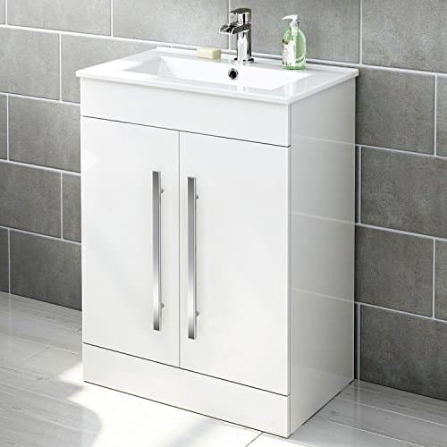 Image of iBathUK Avon Vanity Unit with Basin, Slim Edge Ceramic Wash Basin for Bathroom Furniture, Storage Cabinet with 2 Doors- Gloss White (Flat Pack)