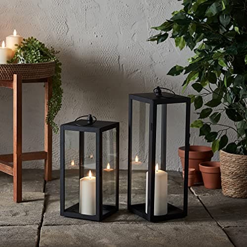 Image of Lights4fun Set of 2 Large Black Metal Battery Operated Fully Waterproof Outdoor Garden LED TruGlow® Candle Lanterns for Indoor Outdoor Use