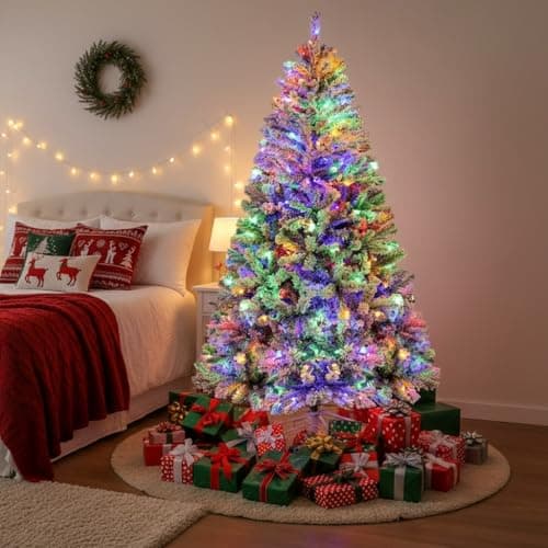 Image of Himimi Snow Flocked Christmas Tree 6ft, Pre Lit Snowy Christmas Tree with Multicolor LED Lights, Bushy 1000 Branch Tips, Frosted Artificial Xmas Tree with Metal Stand, Home Office Holiday Winter Décor