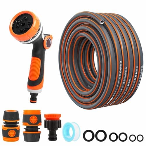 Image of YIYAYOO 10m Garden Hose Pipe Reinforced Water Hose Pipe with 10 Function Spray Nozzle Tap Hose Connectors, Anti Kinking 1/2 inch Hoses PVC Plastic Tube Outdoor Hosepipes for Garden Reel 33ft/10m
