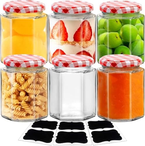 Image of Showvigor 6pack Glass Jam Jars with Red Gingham Lid - 280ml/9oz - Hexagonal Storage Glass Jars, Clear Airtight Jar for Pickling, Chutney, Jam, Coffee