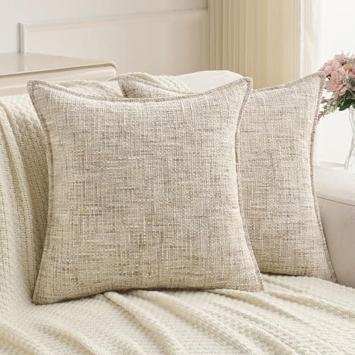 Image of FUTEI Set of 2 Chenille Tweed 50cm x 50cm Cushion Covers Soft Farmhouse Decorative Pillow Covers 50 x 50 cm Vintage Scatter Cushions for Sofa Bed Living Room, Beige