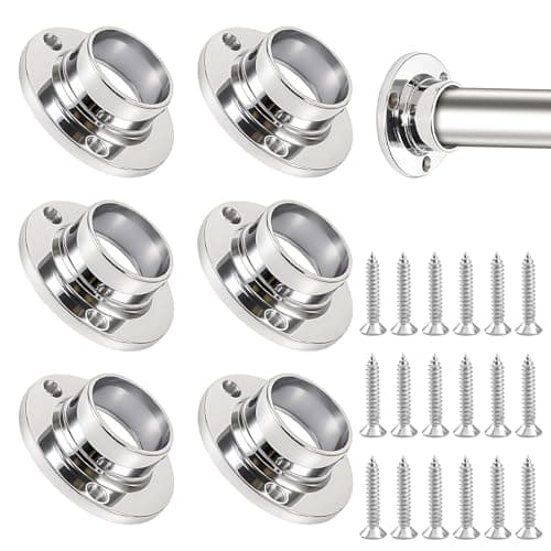 Image of 6PCS 25mm Wardrobe Rail Brackets with Holding Screws, Stainless Steel Flange Rod Holder for Wardrobe Hanging Rod, Chrome Closet Rod End Supports Bracket for Clothes Rail, Towel Bar, Shower Curtain