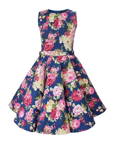 Image of BlackButterfly Kids 'Audrey' Vintage Divinity 50's Girls Dress (Midnight Blue Pink Floral, 5-6 Years)