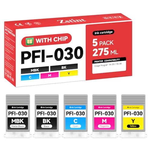 Image of PFI-030 Pigment Ink Tank Kit 5-Pack 55ml High Capacity Replacement for Canon PFI-030 PFI030 Ink Cartridges Compatible for Canon imagePROGRAF TA-20 TA-30 TM-240 TM-340 Printer Black Cyan Yellow Magenta