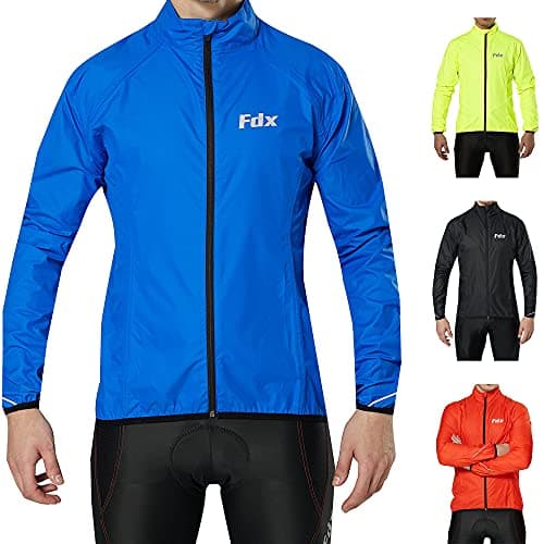 Image of FDX Men’s Cycling Jacket - Waterproof Lightweight Breathable Cycle Rain Tops - High Visibility Full Sleeves Taped Seams Reflective Jersey - Windproof Coat for Riding, Bike Racing (Blue X-Large)
