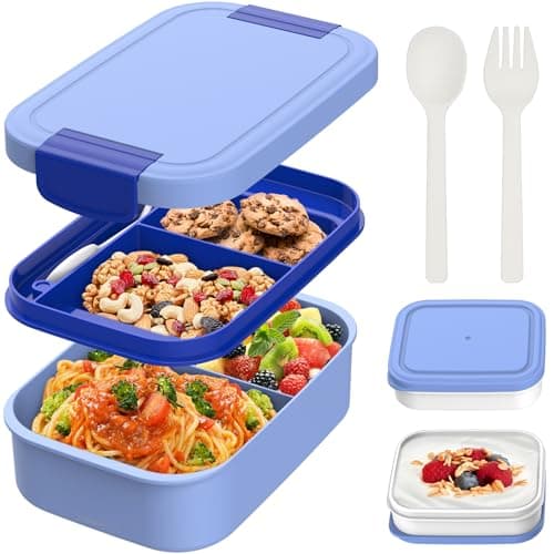 Image of BIBURY Lunch Box, Upgraded Leakproof Bento Box for Kids Adults, Lunchbox with 4 Compartments, Cutlery and 2 Sauce Pot Set, BPA Free, Microwave and Dishwasher Safe Snack Box Sandwich Box, 1.9L - Blue