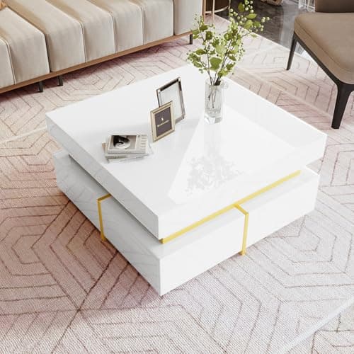 Image of Merax High-Gloss Square Coffee Table with Drawers,Contemporary Living Room Furniture,White,70 * 35.5 * 70 CM