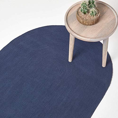Image of HOMESCAPES Navy Blue Handmade Braided Oval Rug For Bedroom & Living Room Reversible Woven Cotton Large Rug, 110 x 170 cm