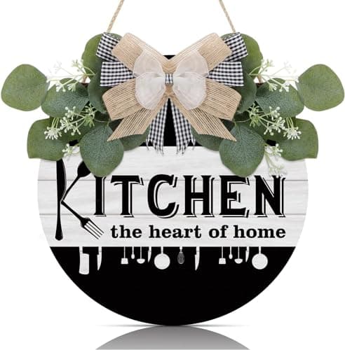Image of TOARTi Kitchen Wooden Hanging Signs Rustic Wood sign for Home Kitchen Decor Round Wood Hanging Sign with Ribbon Bow and Artificial Green Leaves Farmhouse Style Wall Art for Kitchen Home Art Decor
