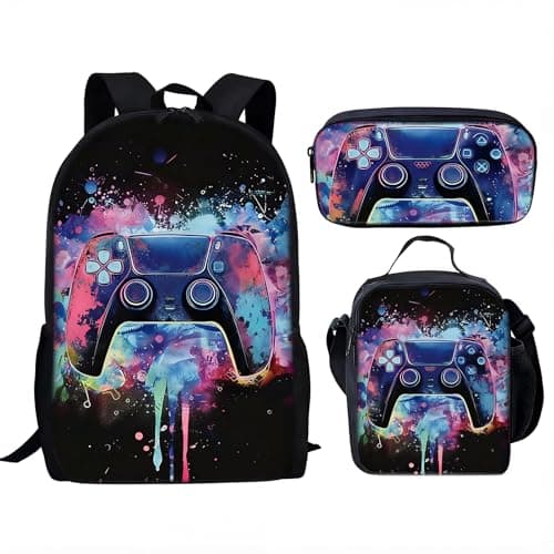 Image of Gaming Backpack for Boys, Waterproof Lightweight 3-Piece School Bag Set with Lunch Bag & Pencil Case, Large Capacity School Bag for Kids 6-14 Years, Perfect for Elementary (game003, Black)