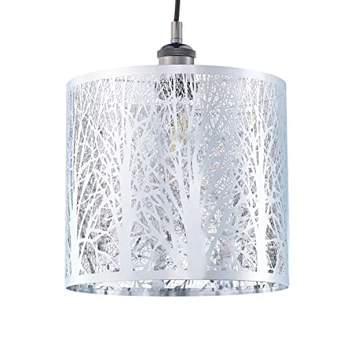 Image of Unique and Beautiful Polished Chrome Metal Forest Design Ceiling Pendant Shade When Lit The Light Escapes Through The Gaps and Casts The Forest Against The Walls and Ceiling by Happy Homewares