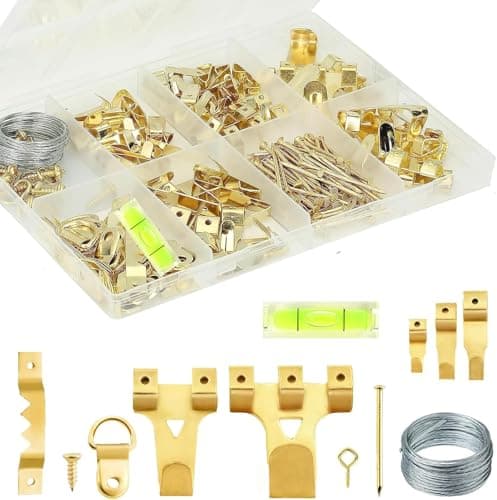 Image of 372pcs Picture Hanging Kit, Heavy Duty Picture Hooks for Frames, Picture Hanger Set with Saw Tooth, D-Ring, Nails, Screws for Mirrors, Picture Frames & Paintings Plasterboard Walls (Gold)