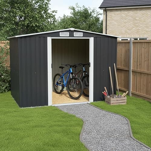 Image of Garden Universe Metal Garden Shed, Storage Shed 8' x 6' Storage Apex Roof Double Doors Outdoor Storage Bike Store Anthracite Grey FREE Base Frame GS8-6AN