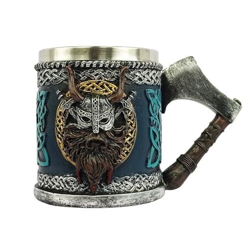 Image of Norse Skull Tankard | 450ml Stainless Steel Drinking Mug for Beer, Coffee & Whisky | Gothic Drinking Vessel with Axe Handle & Runes | Standout Gift for Men, Dad, Birthday or Father's Day