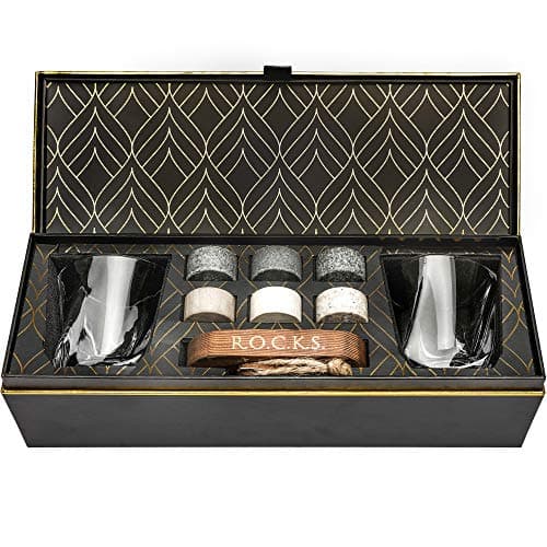 Image of Whiskey Chilling Stones Gift Set - 6 Handcrafted Premium Granite Round Sipping Rocks - 2 Crystal Superior Glasses - Hardwood Presentation & Storage Tray - Elegant Gold Foil Gift Box by R.O.C.K.S.